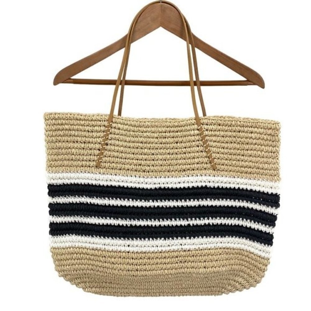Aqua Trio Striped Straw Woven Tote Bag New - Picture 13 of 13